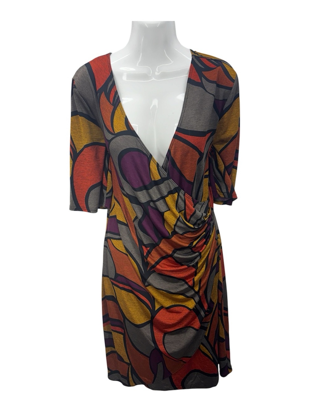 J.B.S. Deep V Abstract Print Wrap Dress in Red, Yellow, Purple, Gray